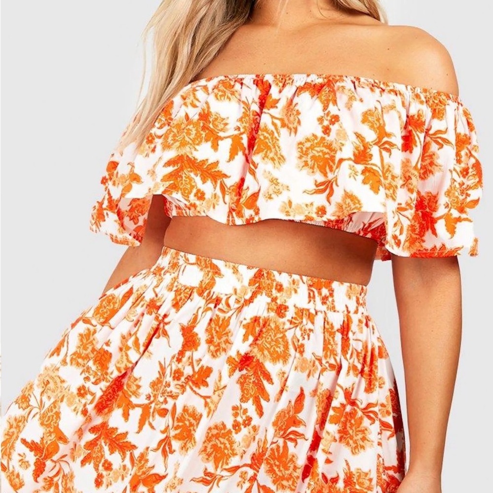 Boohoo White Off-Shoulder Crop Top and Skirt Set with Orange Floral Print